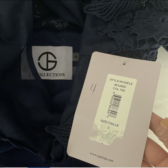 NWT JS‎ Collections [ 4 ] Crochet Embroidered Illusion Gown in Navy #Q261 - Picture 5 of 15